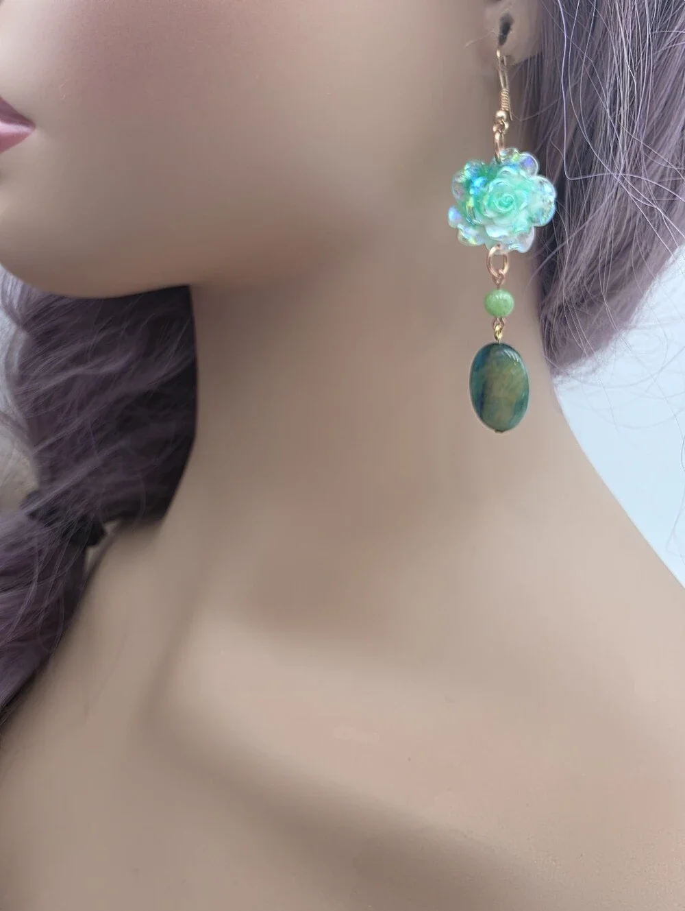 Handmade Iridescent Green Flower Drop Earrings with Green Jasper Stone - Picture 5 of 5